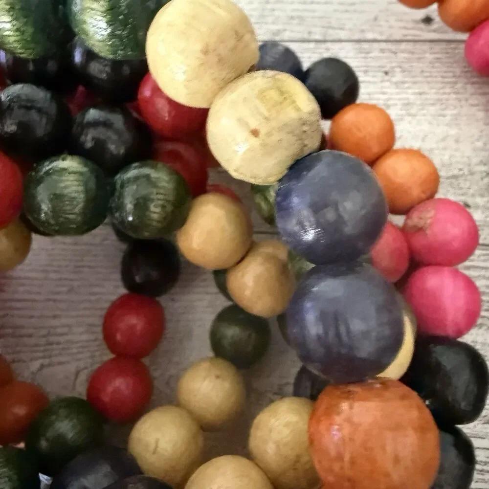 Vintage 9 ft WOODEN BEAD Christmas Tree Garland Strands Multi-Color LOT OF 2